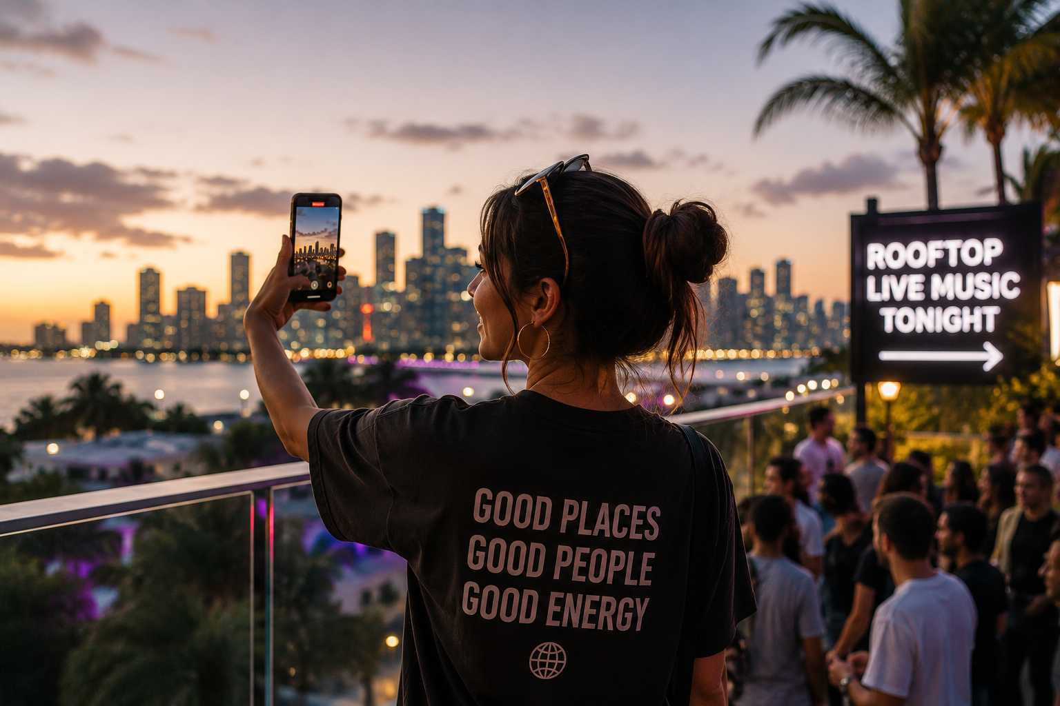 A visitor at a rooftop show at dusk — the live music she almost missed